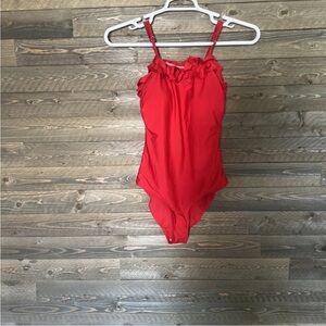 Red Ruffle Off Shoulder One Piece Swimsuit M